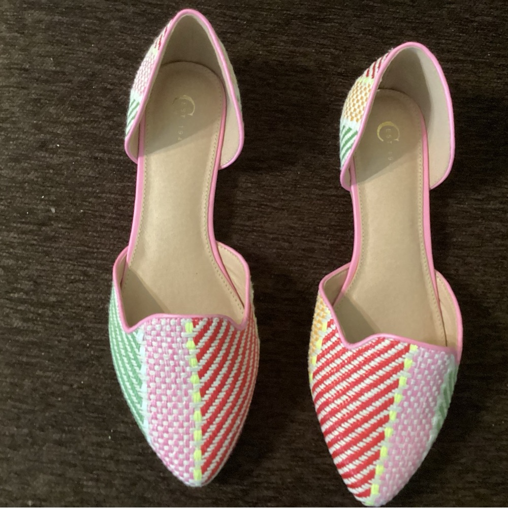 Chic Multicolor Woven Flats with Pink Trim